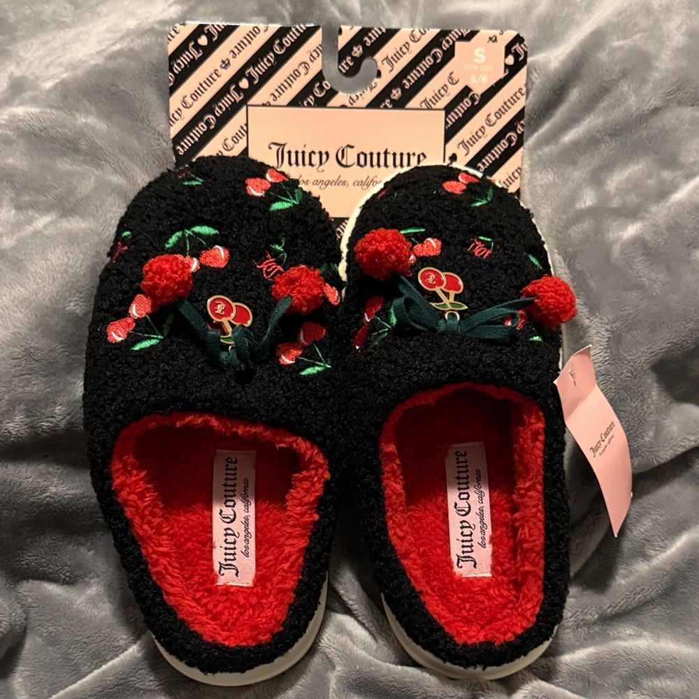Juicy Couture Black Slippers with Red Cherry Embroidery
